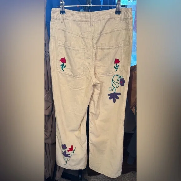 Free People Cream Embroidered Flare Jeans
